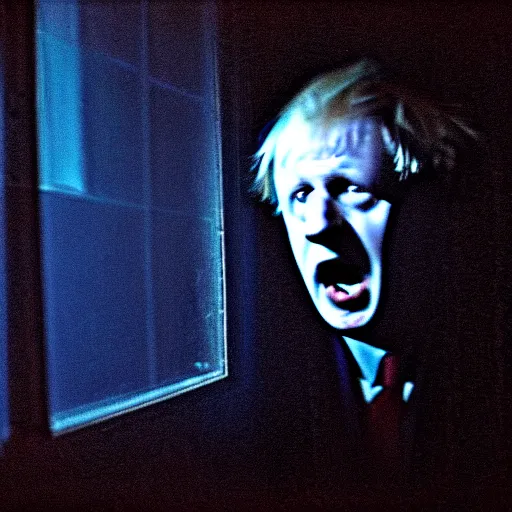 Image similar to dark photo of dark blue rainy bedroom window at night, dimly lit creepy | screaming face of boris johnson staring in through the window, bloody hands, horror, scary face, demonic face,