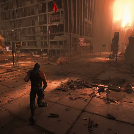 Image similar to duke nukem battling his way through a destroyed la, night, ran, pigsoldiers, rendered in cryengine, volumetric lighting, rtx on