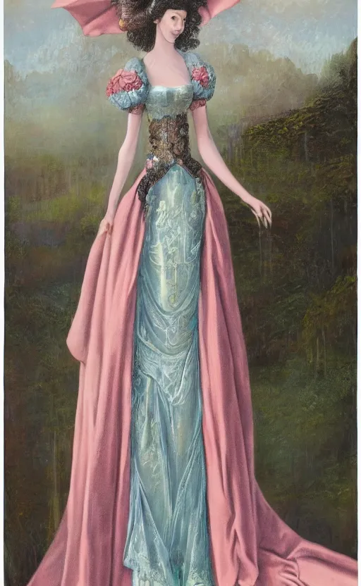 Prompt: a lady with a maximalist imperial long dress made of illustrated homes. soft pastel tones. matte background