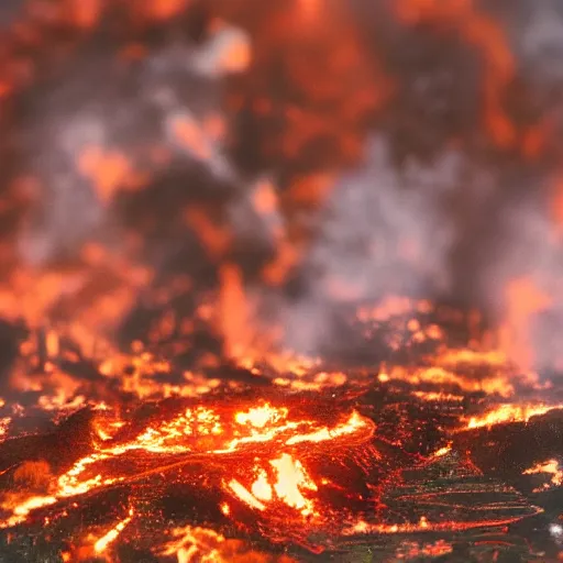 Image similar to landscape of hell, fire, tilt shift