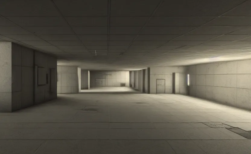 Image similar to in - game screenshot of a first person shooter on unreal engine 5, narrow modern hallways of a secret government facility, photorealistic, liminal, brutalism, minimalism, soft vintage glow