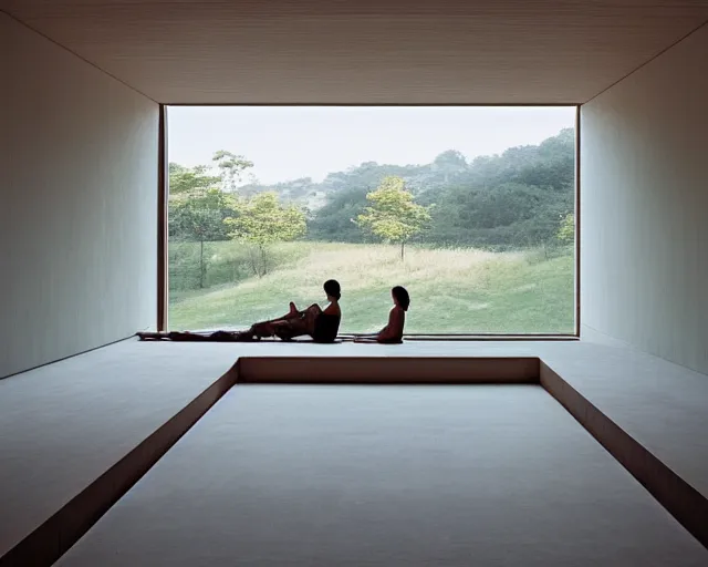 Prompt: A photograph of a relaxing interior at early morning by Tadao Ando, sharp