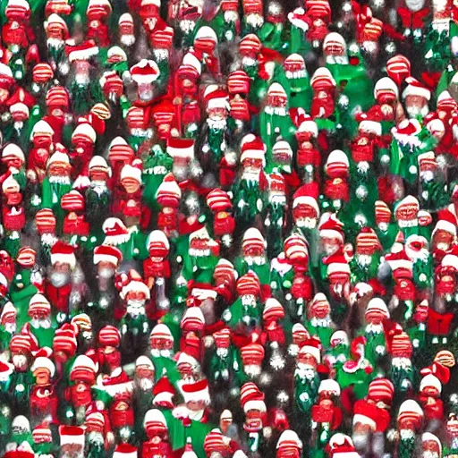 Prompt: highly - detailed, distant shot, notebook, colored, 4 k - resolution, seasonal, waldo hiding, in a crowd wearing christmas outfits.