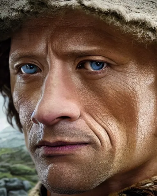 Image similar to Film still close-up shot of Dwayne Johnson as Bilbo Baggins from the movie The Hobbit. Photographic, photography