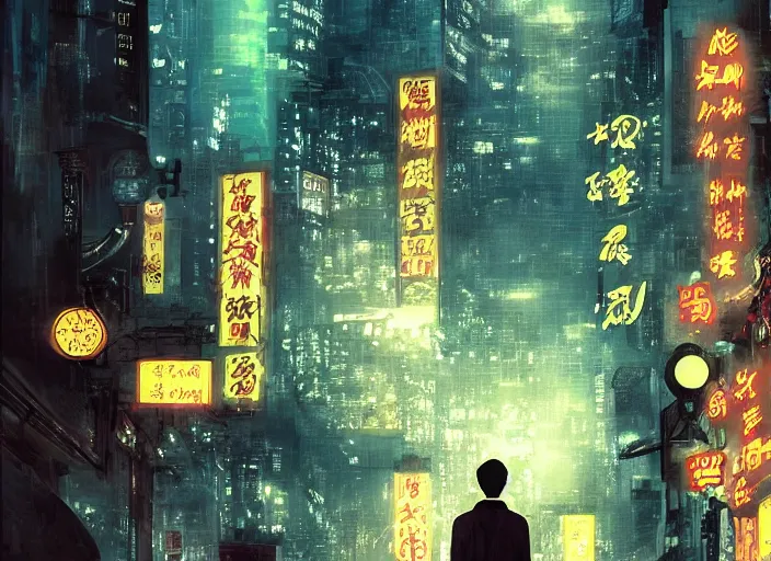 Image similar to anime illustration of 1 9 2 0 s hong kong at night lit by the stars, wispy smoke, highly detailed face, very intricate, symmetrical, cinematic lighting, award - winning, painted by wong kar - wai and mandy jurgens and peter doig, dystopian, bold colors, dark vibes, featured on artstation