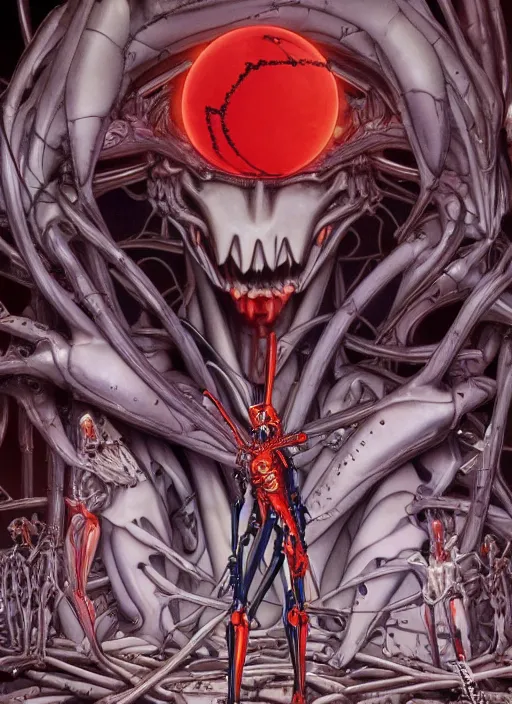 Image similar to Neon Genesis Evangelion by Yoshitaka Amano, by HR Giger, biomechanical, 4k, hyper detailed, hyperrealism, anime, a Blood Moon rising on a Broken World, deviantart, artstation