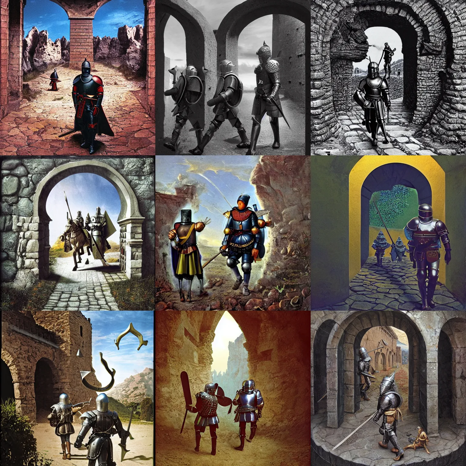 Prompt: DSLR photograph of a knight in a Italian Infantry Armor, 1571, walking next to the pied piper, both walking through a surrealist dimensional gateway that leads into a terrifying surrealist Bryce 3d landscape imaged by Michael Whelan, photo realistic