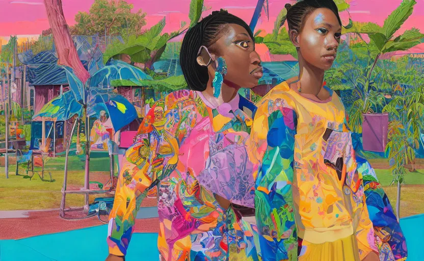 Prompt: beautiful painting of sunny hiphop solarpunk summertime chill, by martine johanna, njideka akunyili crosby, rossdraws. trending on artstation, 8 k, masterpiece, graffiti paint, fine detail, full of color, intricate detail, golden ratio illustration