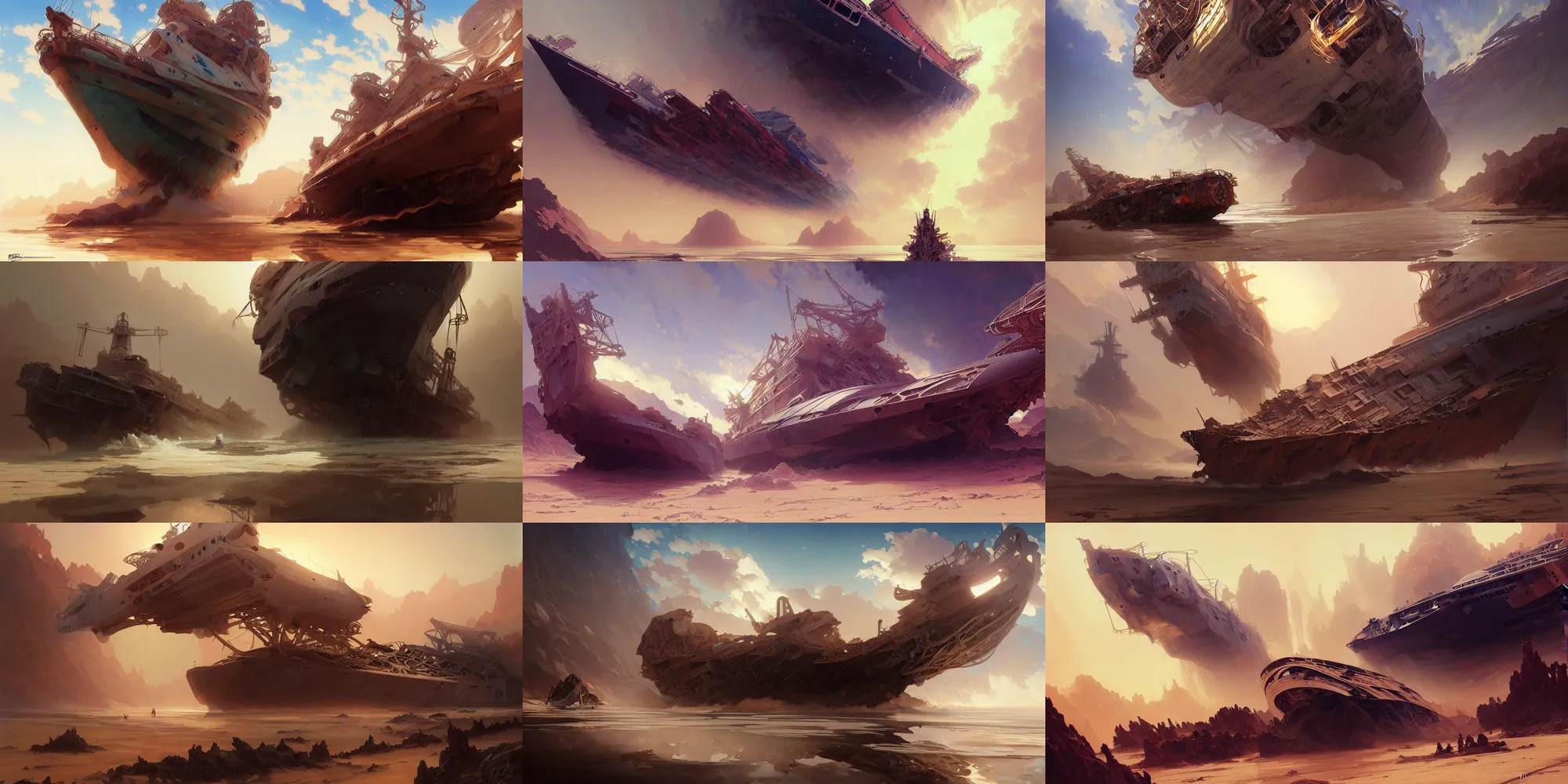 Prompt: ultra realistic beautiful gigantic cargo ship wrecked in the desert techno art, beautiful alluring anime teen, sci - fi, fantasy, intricate, elegant, highly detailed, digital painting, artstation, concept art, smooth, sharp focus, illustration, art by artgerm and alphonse mucha and tian zi and craig mullins