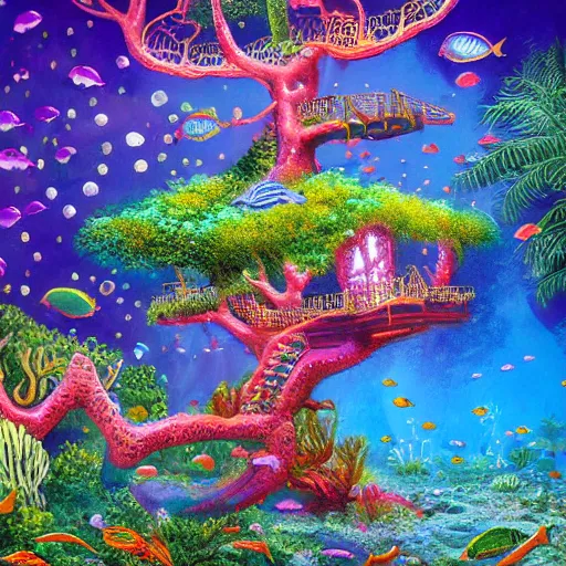 Prompt: fancy treehouse mansion built in coral underwater reef landscape detailed luminescent magical realism 4 k painting