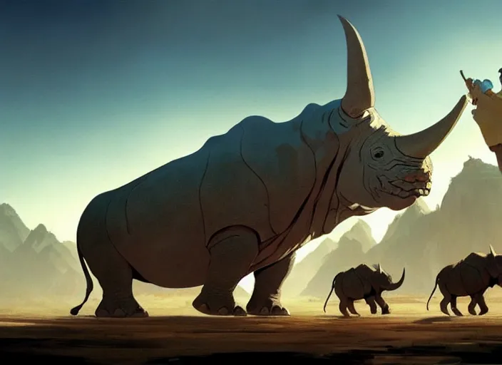 Image similar to the big large expedition with a crowd of adventurers being brought by gigantic rhinos carrying stuff towards the desert of duhnes medium shot, studio ghibli animation, anime key art by craig mullins, bloom, dramatic lighting