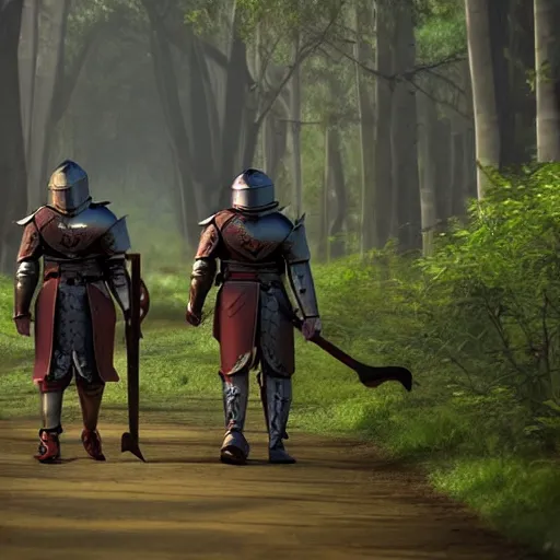 Image similar to Knight Theo is all in iron armor and his squire, who only has a spear, are walking along a forest path. Beautiful 8k style