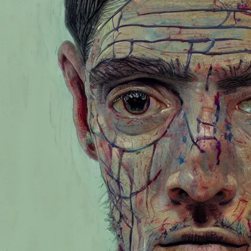 Prompt: a close up portrait of a sad starved soviet prisoner pow with sad eyes, slightly scarred and pitted, hyperrealistic, beautiful, detailed, symmetrical, intricate complexity, by conrad roset and jean dubuffet and daniel johnston and giacometti, muted pastel colors, wlop, 4 k, beautiful, cinematic dramatic atmosphere, very realistic, soft