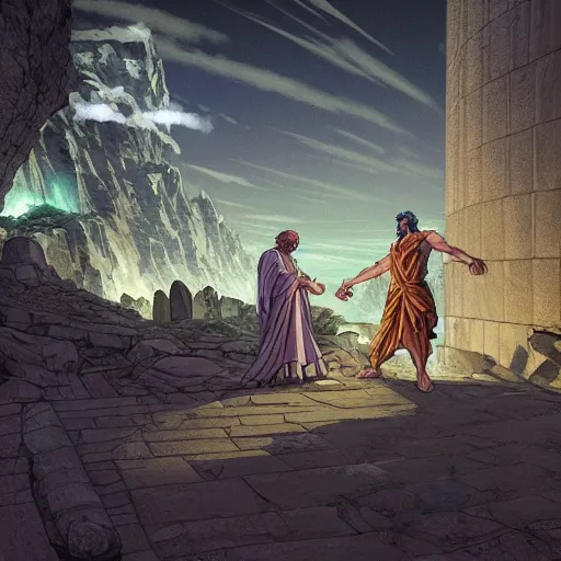 Image similar to plato arguing with diogenes on the necropolis, by dan mumford, yusuke murata, makoto shinkai, ross tran, cosmic, heavenly, god rays, intricate detail, cinematic, 8 k, cel shaded, unreal engine, featured on artstation, pixiv