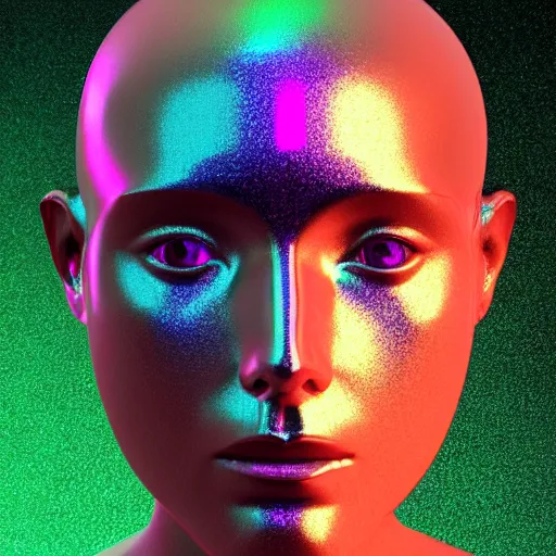 Image similar to 3d render of holographic human robotic head made of glossy iridescent, surrealistic 3d illustration of a human face non-binary, non binary model, 3d model human, cryengine, made of holographic texture, holographic material, holographic rainbow, concept of cyborg and artificial intelligence