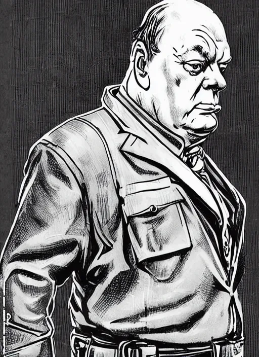 Prompt: winston churchill. cyberpunk mercenary in tactical harness and jumpsuit. portrait by stonehouse and mœbius and will eisner and gil elvgren and pixar. realistic proportions. dystopian. cyberpunk 2 0 7 7, apex, blade runner 2 0 4 9 concept art. cel shading. attractive face. thick lines.