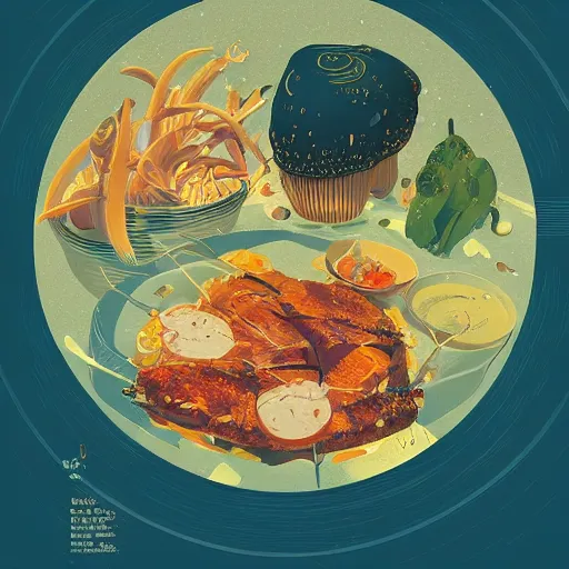 Image similar to illustration of the best meal, by Victo Ngai and James Gilleard and Bruce Pennington