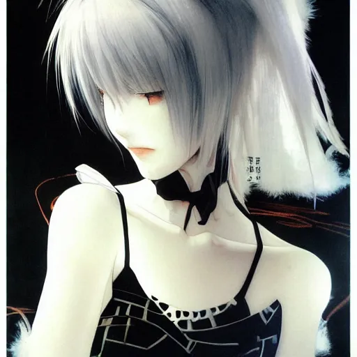 Image similar to Yoshitaka Amano realistic illustration of an anime girl with short white hair and black eyes wearing tuxedo, abstract black and white patterns on the background, noisy film grain effect, highly detailed, Renaissance oil painting