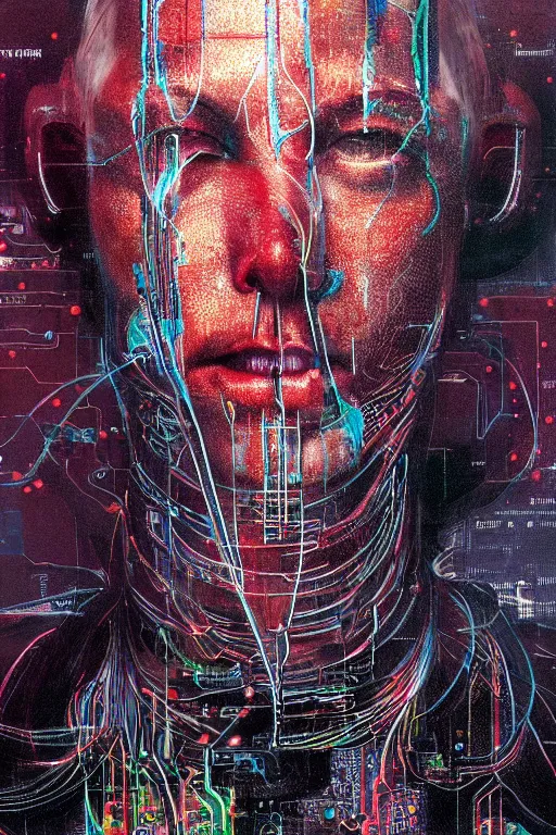 Prompt: portrait of computer & circuits, melting, elon musk, 8 k, by tristan eaton, stanley artgermm, tom bagshaw, greg rutkowski, carne griffiths, ayami kojima, beksinski, giger, trending on deviantart, face enhance, hyper detailed, minimalist, cybernetic, android, blade runner, full of colour, super detailed