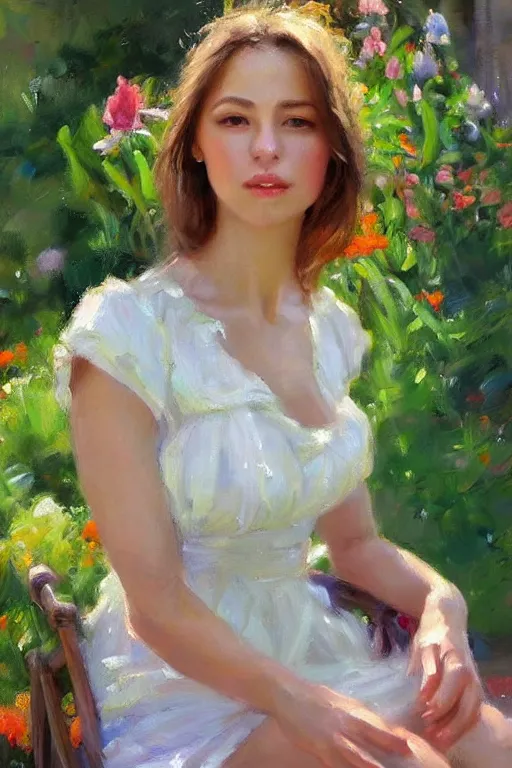 Image similar to portrait of a beautiful woman in the garden, morning, highly detailed, ultrarealistic oil painting, vladimir volegov, artstation