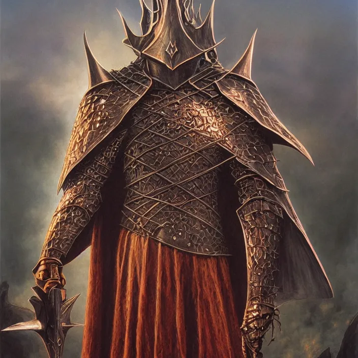 Image similar to portrait of the witch king of angmar in copper armor, by michael whelan, fantasy art oil on canvas