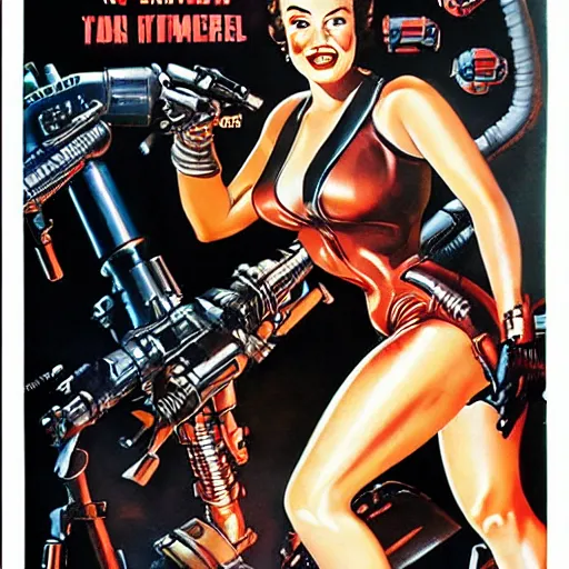 Prompt: Terminator pin-up poster 1953