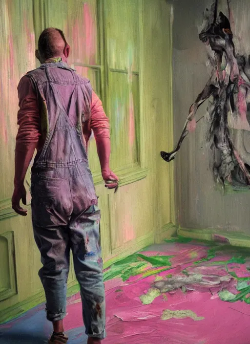 Image similar to an insane, skinny, artist wearing torn overalls, expressive emotions, painting inside a grand messy studio, depth of field, hauntingly surreal, highly detailed oil painting, by francis bacon, edward hopper, adrian ghenie, glenn brown, soft light 4 k in pink, green and blue colour palette, cinematic composition, cinematic lighting, high quality octane render, masterpiece
