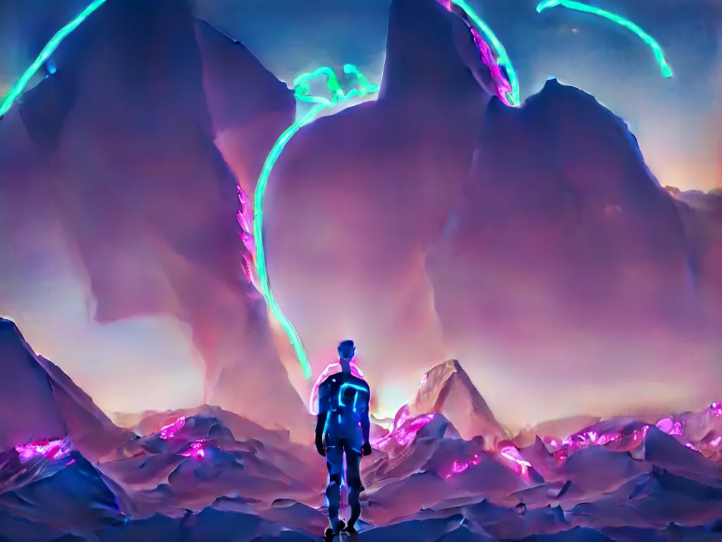 Image similar to manikin made of marble, fractal neon explosion revealing a portal to a vaporwave paracosm, mountains and city in background, rule of thirds, clean linework, dramatic, moody, introspective, cinematic, award winning, 4 k, trending on artstation, photorealistic, volumetric lighting, octane render