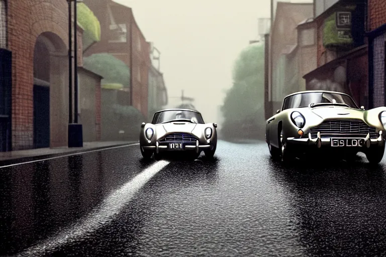 Image similar to a wholesome animation key shot of!! one!! focused!! aston martin db 5!!, front wheels turned, on a wet london street, raining, wide shot, studio ghibli, pixar and disney animation, sharp, very detailed, high resolution, rendered in unreal engine 5, anime key art by greg rutkowski, bloom, dull atmospheric lighting