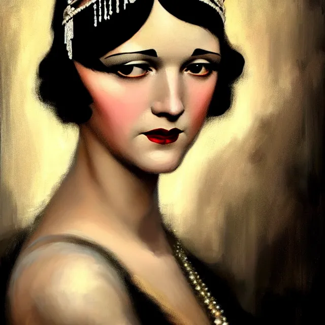 Image similar to 1 9 2 0 s woman in a flapper portrait, atmospheric lighting, painted, intricate, ultra detailed by frank frazetta, leesha hannigan, thierry doizon, kai carpenter, well composed, best on artstation, cgsociety, epic, stunning, gorgeous, intricate detail, wow, masterpiece