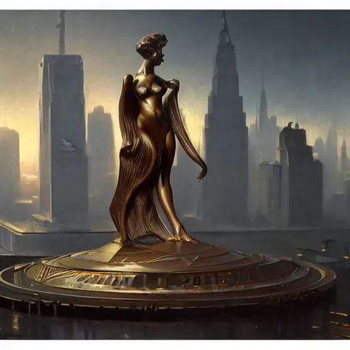 Image similar to a bronze sculpture stands as the centerpiece of futuristic art deco new york city, fantasy, intricate, elegant, digital painting, trending on artstation, concept art, sharp focus, illustration by greg rutkowski, Gaston Bussiere and artgerm, 4k.