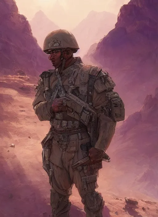 Image similar to purple lighting, detailed character concept illustration, strong muscular mature soldier in a soldier uniform, desert with city in the background, sharp focus, illustration, highly detailed, digital painting, concept art, matte, art by wlop and artgerm and greg rutkowski, masterpiece