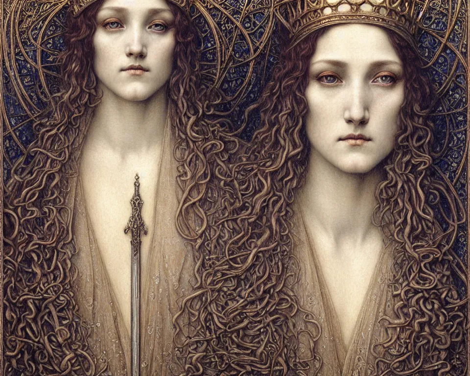 Image similar to detailed realistic beautiful young medieval queen face portrait by jean delville, gustave dore and marco mazzoni, art nouveau, symbolist, visionary, gothic, pre - raphaelite. horizontal symmetry