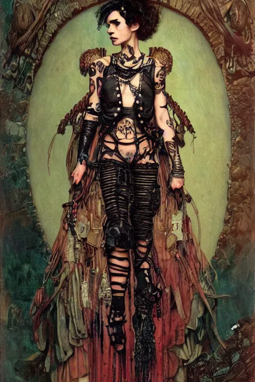 Image similar to full length portrait of grimes as a tattooed gothic punk by lawrence alma tadema and zdzislaw beksinski and norman rockwell and jack kirby and tom lovell and greg staples