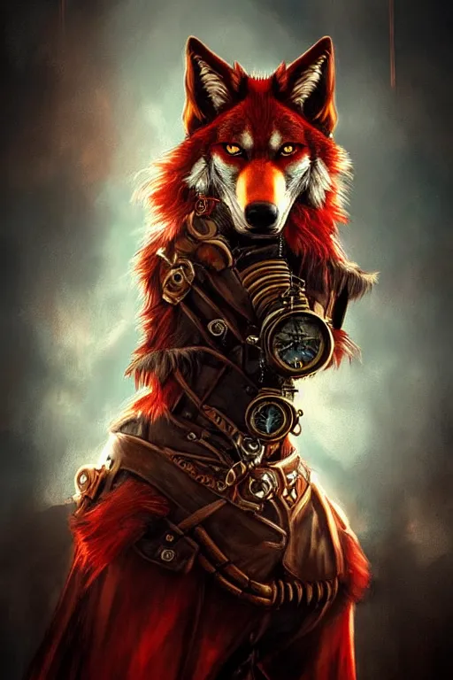 Image similar to steampunk red wolf, fantasy, art station, dramatic, concept art, portrait, light