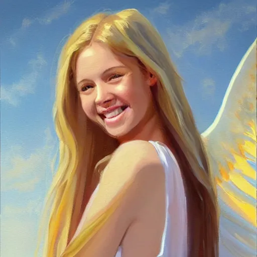 Prompt: a painting of an angel, a young woman with long blond hair and a halo smiling in heaven, steve henderson