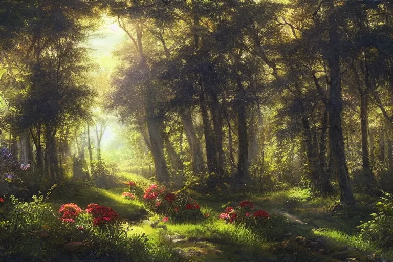 Prompt: lush forested landscape dense with trees and flowers, sunbeams streaming through the foliage, dreamy realism