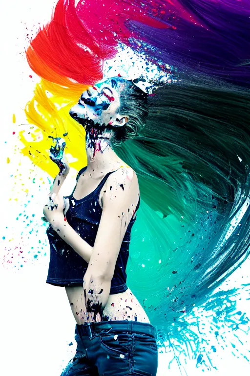 Image similar to a award winning half body portrait of a beautiful woman in a croptop and cargo pants with ombre navy blue teal hairstyle with head in motion and hair flying, paint splashes, splatter, outrun, vaporware, shaded flat illustration, digital art, trending on artstation, highly detailed, fine detail, intricate