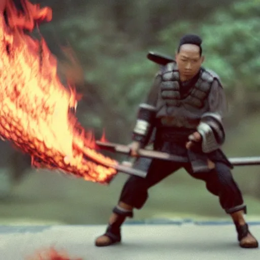 Image similar to cinematic film still NLE Choppa starring as a Samurai holding fire, Japanese CGI, VFX, 2003, 400mm lens, f1.8, shallow depth of field, film photography