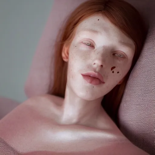 Image similar to portrait of a cute thin young woman, red blush, cute freckles wearing casual clothes, small smile, relaxing on a couch, cozy living room, close up shot, 8 k, art by ron mueck and irakli nadar, hyperrealism, hyperdetailed, ultra realistic