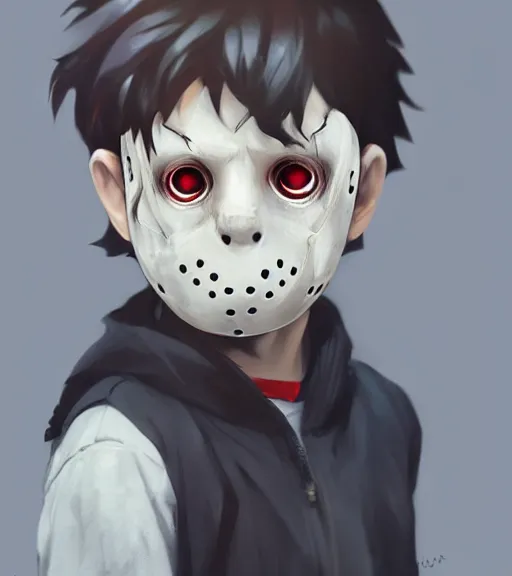 Prompt: beautiful little boy anime character inspired by jason voorhees, art by rossdraws, wlop, ilya kuvshinov, artgem lau, sakimichan and makoto shinkai, concept art, anatomically correct, extremely coherent, realistic, mask, smooth hd