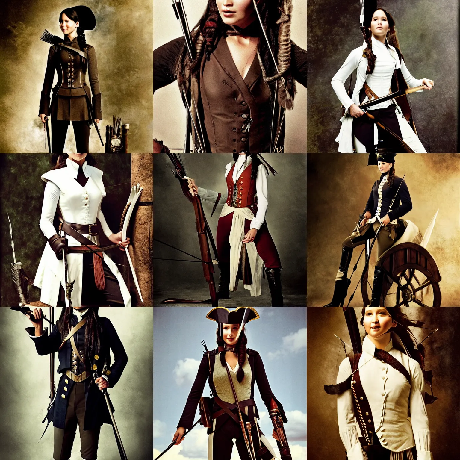 Prompt: katniss everdeen as admiral norrington from pirates of the caribbean, wearing waistcoat, breeches, stockings and a tricorn hat, photo portrait by annie leibovitz
