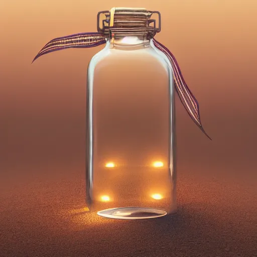 Prompt: a breathtaking incredibly detailed realistic clear glass bottle with a rolled up old parchment inside tied with a ribbon, partially buried in a sandy arid desert, by makoto shinkai and beeple, trending on artstation and cgsociety, cinematic lighting