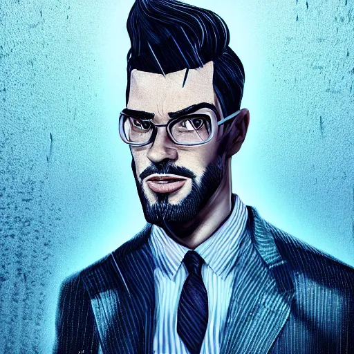 Image similar to stylish man cartoon portrait made out of rain, pinstripe suit, cyberpunk background, rendered in octane, unreal engine, highly detailed, trending on artstation, realistic, neon, beautiful, volumetric lighting, depth of field