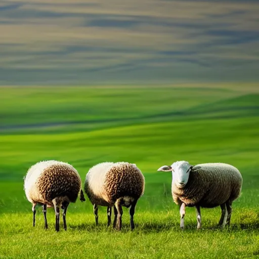 Prompt: award winning photo of 3 sheep on a very green grassland