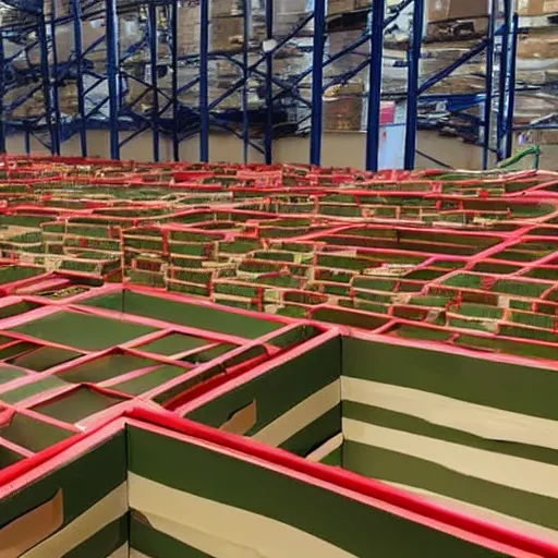 Prompt: a picture of a warehouse full of boxes with green patches on the top and red patches on the sides