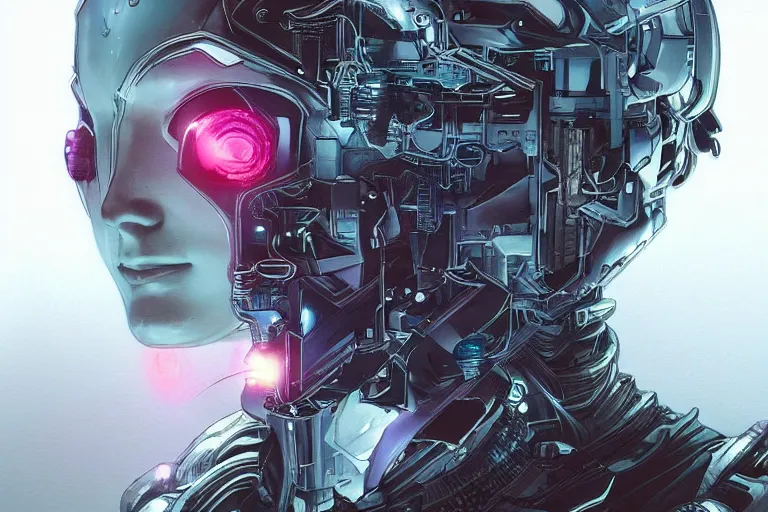 Image similar to comic book illustration, the ghost in the machine, cyberpunk concept art by artgerm and Moebius, highly detailed, intricate, sci-fi, sharp focus, Trending on Artstation HQ, deviantart