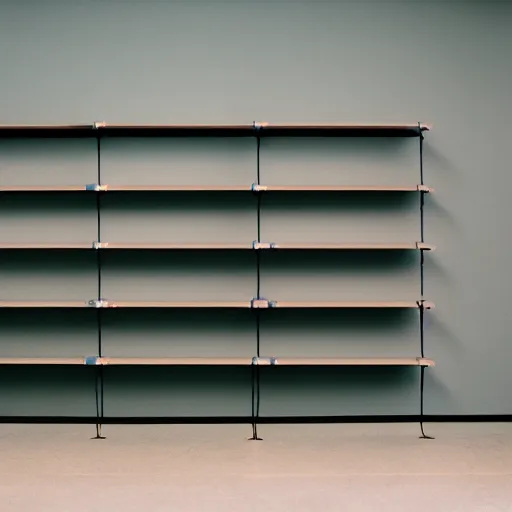 Prompt: 3 empty shelves on a light grey wall, Off-White, realistictic, color film photography by Tlyer Mitchell, 35 mm, graflex