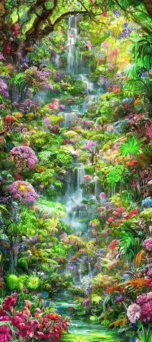 Image similar to cascading concept art of an exotic garden with flowers and big trees, detailed, highly detailed, aesthetic, realistic, hyper realism, colorful, in depth, intricate,