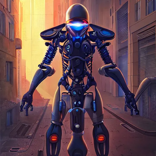 Prompt: ninja cyborg mechanical exoskeleton designed by jony ive in cybercity, golden hour, poster by michael whelan and gilbert williams and evgeny lushpin and artgerm and alena aenami, 3 0 mm, well proportioned, highly detailed, rule of thirds, long exposure